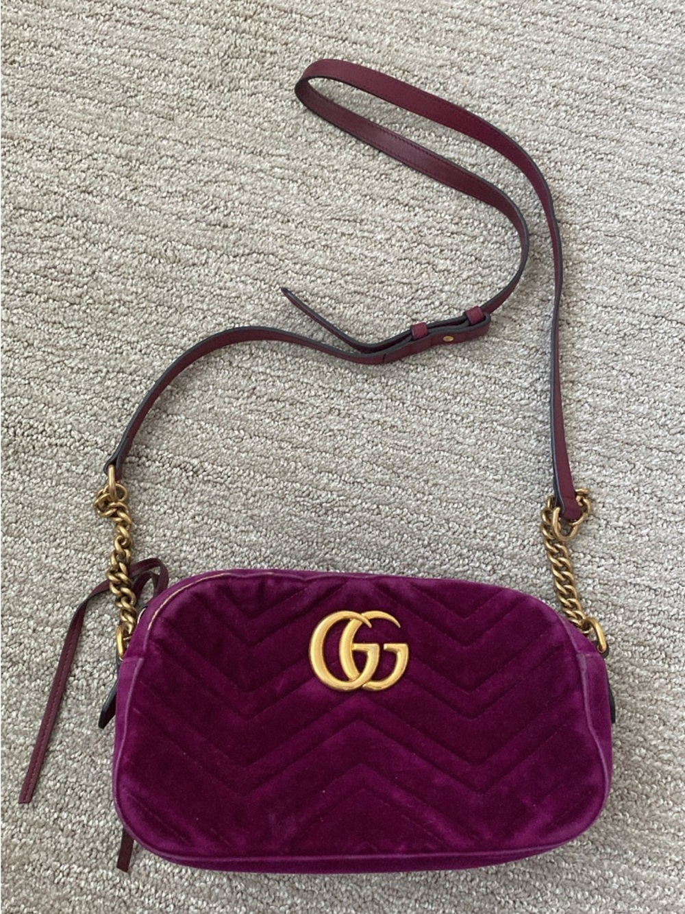 Gucci Double-G Quilted Velvet Crossbody Bag in Deep Plum